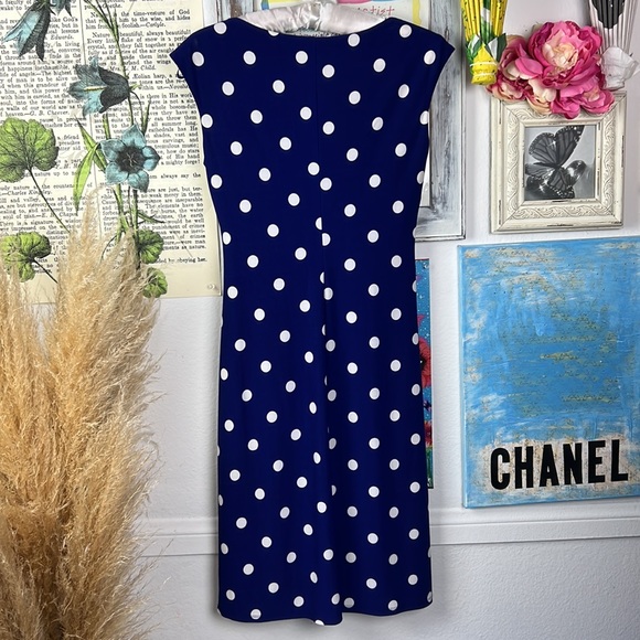 Lauren Ralph Lauren midi dress white, blue polkadot bodycon sleeveless sz. 4 - Picture 3 of 15